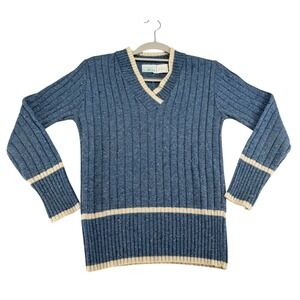 Sears JR Bazaar V-Neck Ribbed Knit Sweater Women Large Blue 70's Preppy Vintage